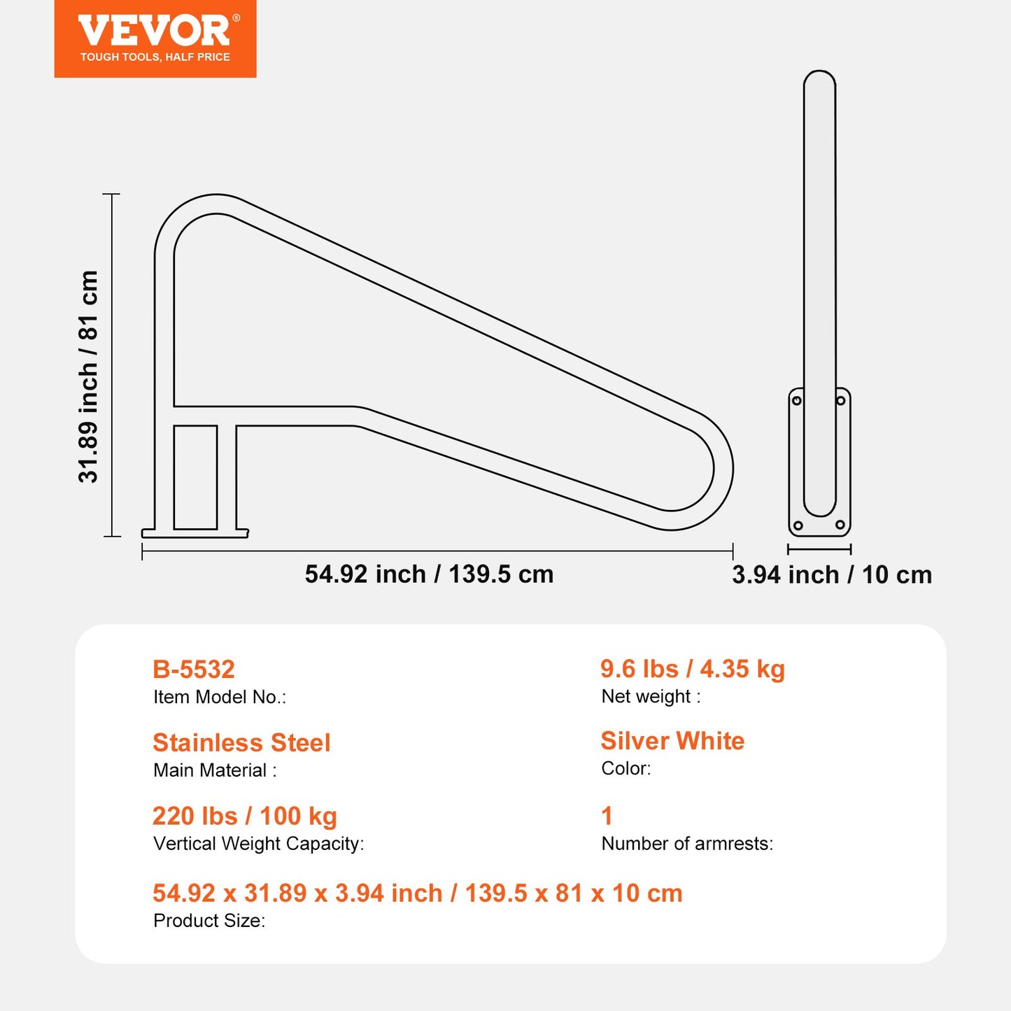 Pool Handledare 55 x 32 tum rostfritt stål med bottenplatta för spabad