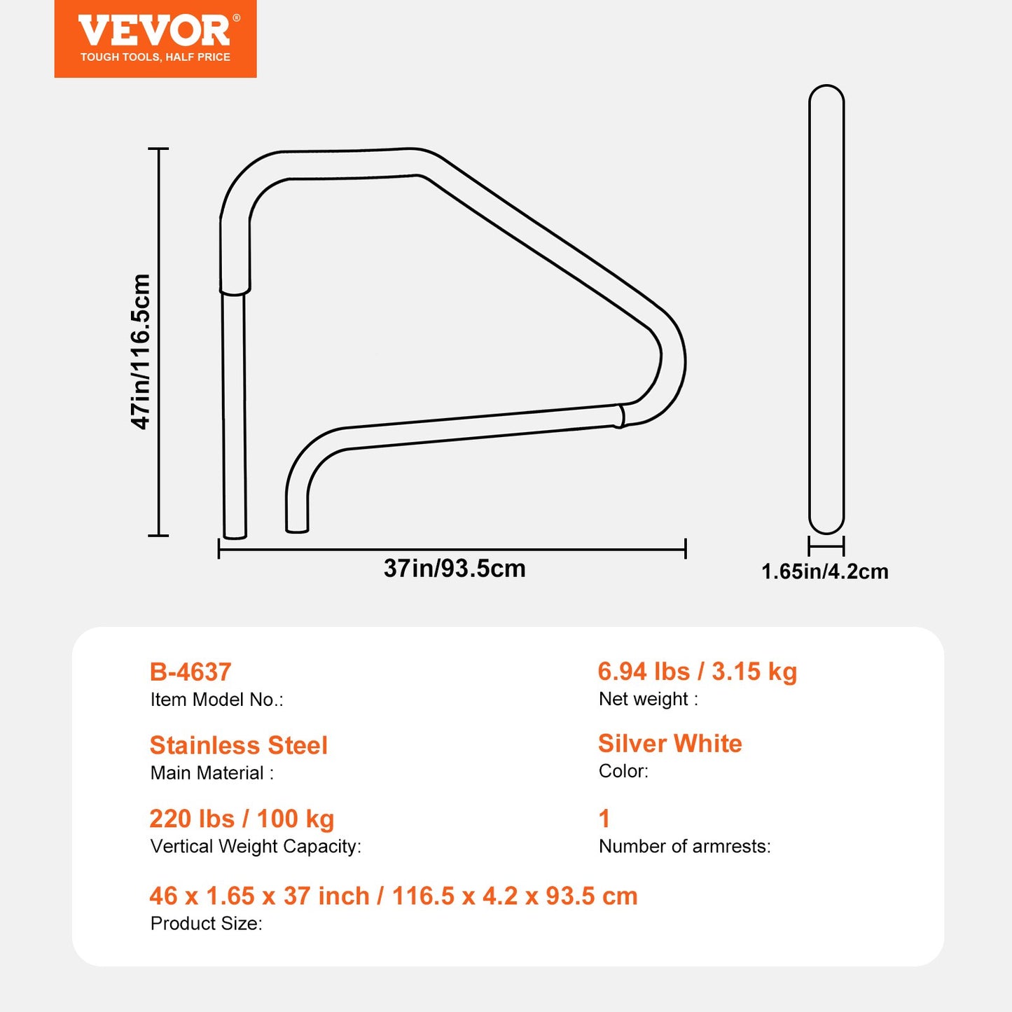 Pool Handledare 46 x 37 tum rostfritt stål (förbyggd) för inomhus/utomhus