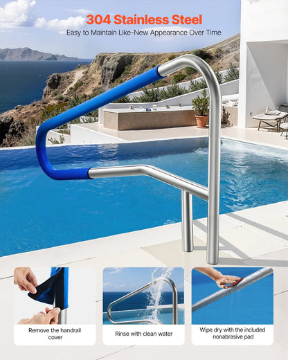 Pool Rail, 54 x 32 inch Pool Handrail, 220 lbs Load Capacity Heavy Duty 304 Stainless Steel Swimming Handrail, Detachable Nonslip Sleeve, Recessed or Base Mount, for Poolside, Water Parks