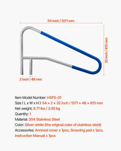 Pool Rail, 54 x 32 inch Pool Handrail, 220 lbs Load Capacity Heavy Duty 304 Stainless Steel Swimming Handrail, Detachable Nonslip Sleeve, Recessed or Base Mount, for Poolside, Water Parks