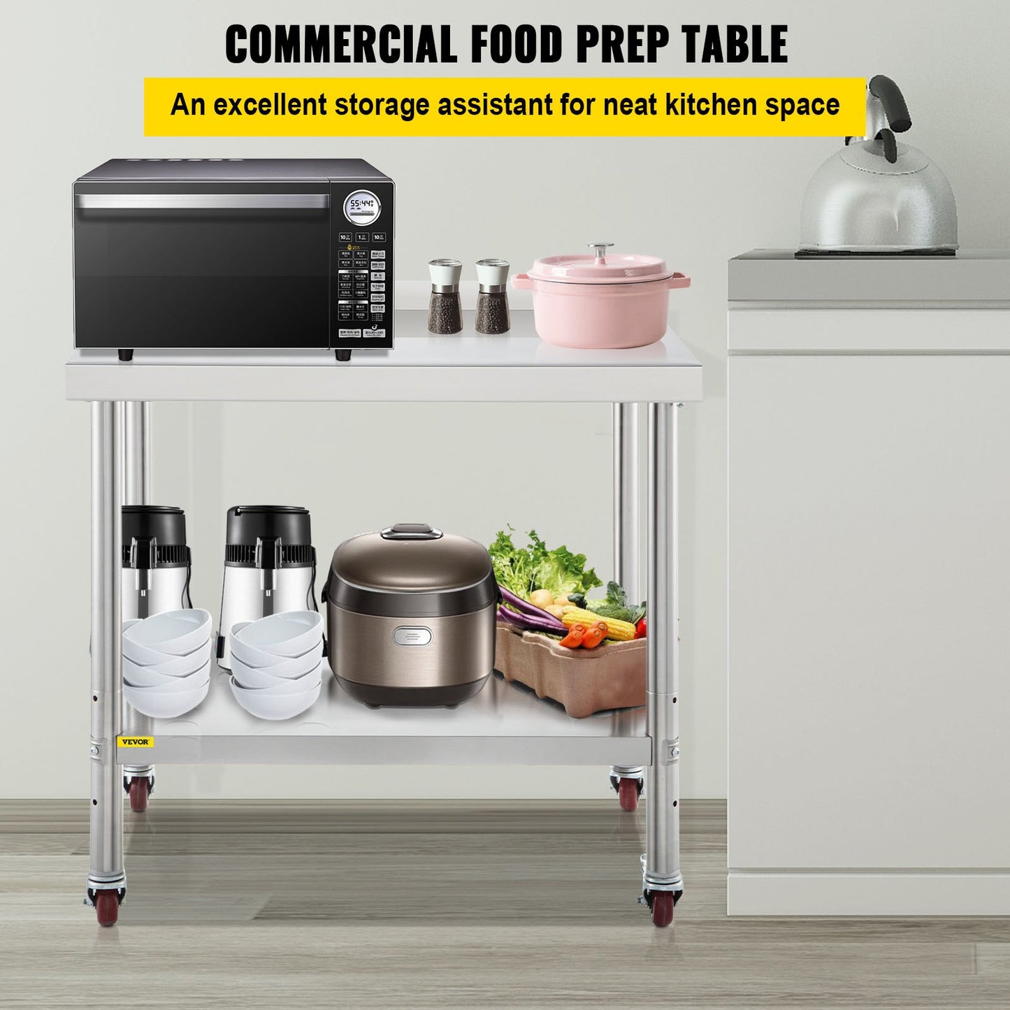 Stainless Steel Prep Table, 30 x 24 x 35 inches, 440 lbs Load Capacity Heavy Duty Metal Work Table with Adjustable Bottom Shelf and 4 Casters, Commercial Workstation for Kitchen Restaurant