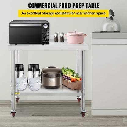 Stainless Steel Prep Table, 30 x 24 x 35 inches, 440 lbs Load Capacity Heavy Duty Metal Work Table with Adjustable Bottom Shelf and 4 Casters, Commercial Workstation for Kitchen Restaurant