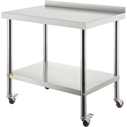 Stainless Steel Prep Table, 30 x 24 x 35 inches, 440 lbs Load Capacity Heavy Duty Metal Work Table with Adjustable Bottom Shelf and 4 Casters, Commercial Workstation for Kitchen Restaurant