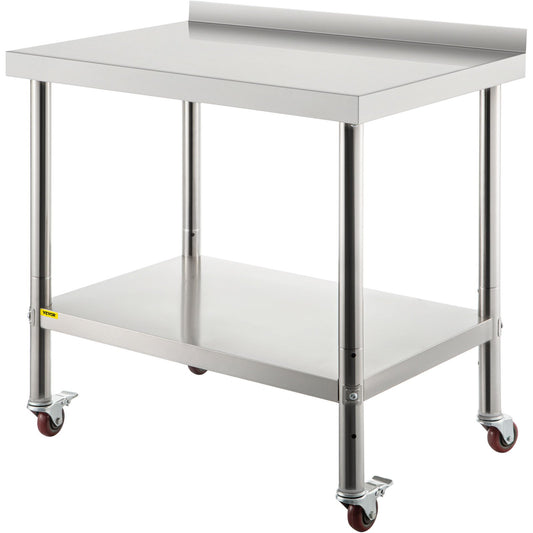 Stainless Steel Prep Table, 30 x 24 x 35 inches, 440 lbs Load Capacity Heavy Duty Metal Work Table with Adjustable Bottom Shelf and 4 Casters, Commercial Workstation for Kitchen Restaurant