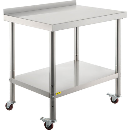 Stainless Steel Prep Table, 30 x 24 x 35 inches, 440 lbs Load Capacity Heavy Duty Metal Work Table with Adjustable Bottom Shelf and 4 Casters, Commercial Workstation for Kitchen Restaurant
