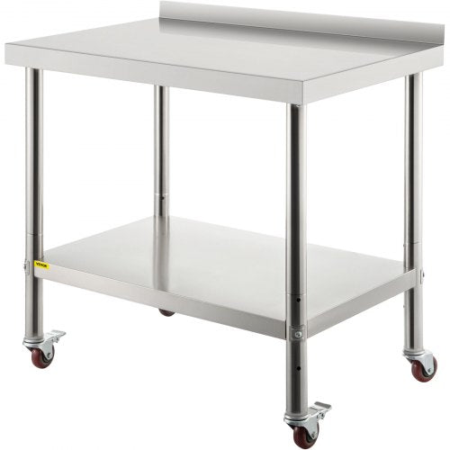 Stainless Steel Prep Table, 36 x 24 x 35 inches, 440 lbs Load Capacity Heavy Duty Metal Work Table with Adjustable Bottom Shelf and 4 Casters, Commercial Workstation for Kitchen Restaurant | EU
