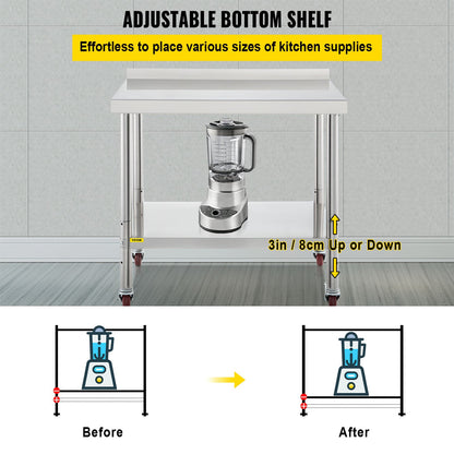 Stainless Steel Prep Table, 36 x 24 x 35 Inch, 440lbs Load Capacity Heavy Duty Metal Worktable with Backsplash Adjustable Undershelf & 4 Casters, Commercial Workstation for Kitchen Restaurant