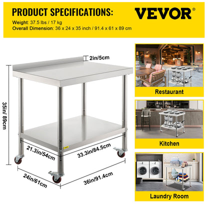 Stainless Steel Prep Table, 36 x 24 x 35 Inch, 440lbs Load Capacity Heavy Duty Metal Worktable with Backsplash Adjustable Undershelf & 4 Casters, Commercial Workstation for Kitchen Restaurant