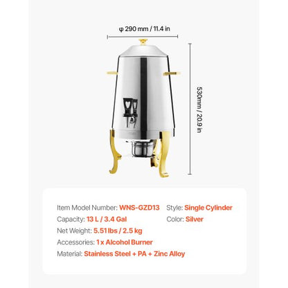 Rostfritt Stål Dispenser för Varmt Te och Kall Dryck 13L Dryckesdispenser