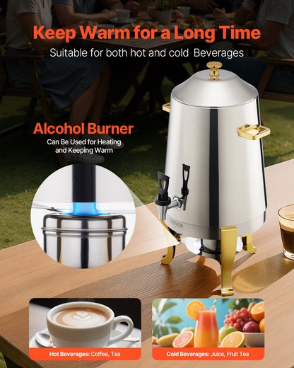 Stainless Steel Beverage Dispenser, 3.4 Gallon Drink Dispenser with Alcohol Burner, Hot & Cold Drink Dispensers with Spigot for Coffee Tea Hot Water, Ideal for Restaurants, Hotels, Parties