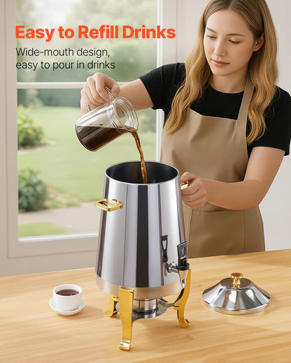 Stainless Steel Beverage Dispenser, 3.4 Gallon Drink Dispenser with Alcohol Burner, Hot & Cold Drink Dispensers with Spigot for Coffee Tea Hot Water, Ideal for Restaurants, Hotels, Parties