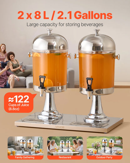 Beverage Dispenser, 2.1 Gallon x 2 Drink Dispenser for Parties, Stainless Steel + Plastic Juice Dispensers with Spigot Ice Chamber Tray, Iced Tea Lemonade Dispensers, for Restaurants, Hotels