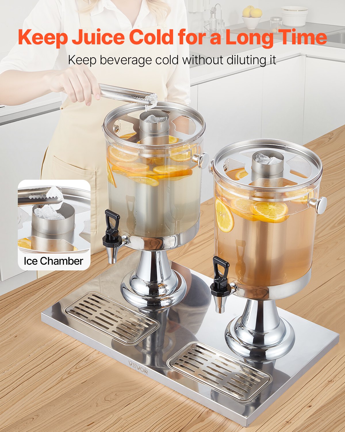 Beverage Dispenser, 2.1 Gallon x 2 Drink Dispenser for Parties, Stainless Steel + Plastic Juice Dispensers with Spigot Ice Chamber Tray, Iced Tea Lemonade Dispensers, for Restaurants, Hotels