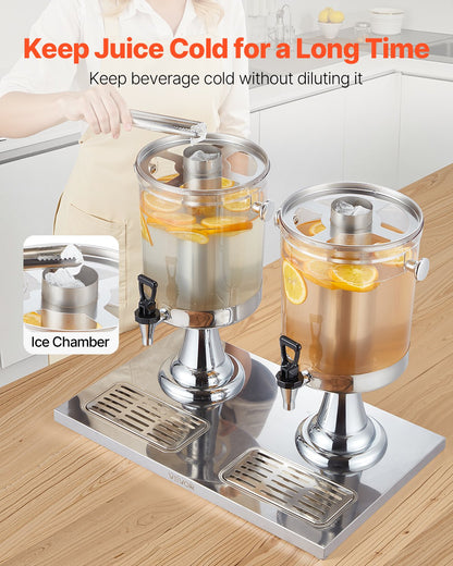 Beverage Dispenser, 2.1 Gallon x 2 Drink Dispenser for Parties, Stainless Steel + Plastic Juice Dispensers with Spigot Ice Chamber Tray, Iced Tea Lemonade Dispensers, for Restaurants, Hotels
