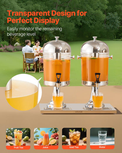 Beverage Dispenser, 2.1 Gallon x 2 Drink Dispenser for Parties, Stainless Steel + Plastic Juice Dispensers with Spigot Ice Chamber Tray, Iced Tea Lemonade Dispensers, for Restaurants, Hotels