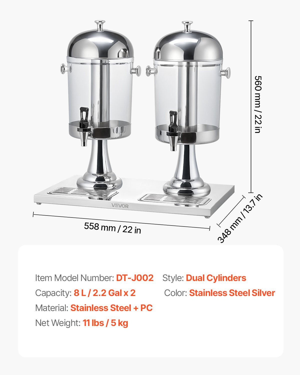 Beverage Dispenser, 2.1 Gallon x 2 Drink Dispenser for Parties, Stainless Steel + Plastic Juice Dispensers with Spigot Ice Chamber Tray, Iced Tea Lemonade Dispensers, for Restaurants, Hotels