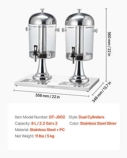 Beverage Dispenser, 2.1 Gallon x 2 Drink Dispenser for Parties, Stainless Steel + Plastic Juice Dispensers with Spigot Ice Chamber Tray, Iced Tea Lemonade Dispensers, for Restaurants, Hotels