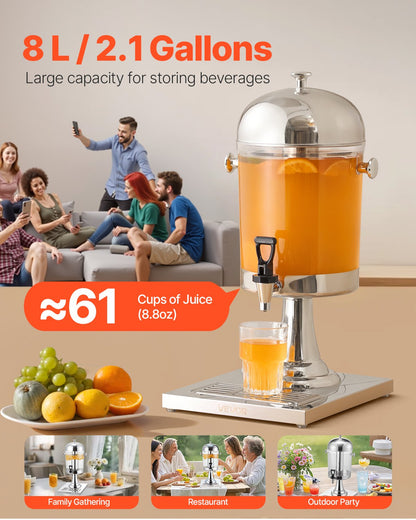 Beverage Dispenser, 2.1 Gallon Drink Dispenser for Parties, Stainless Steel + Plastic Juice Dispensers with Spigot Ice Chamber Tray, Iced Tea Lemonade Juice Dispensers, for Restaurants, Hotels