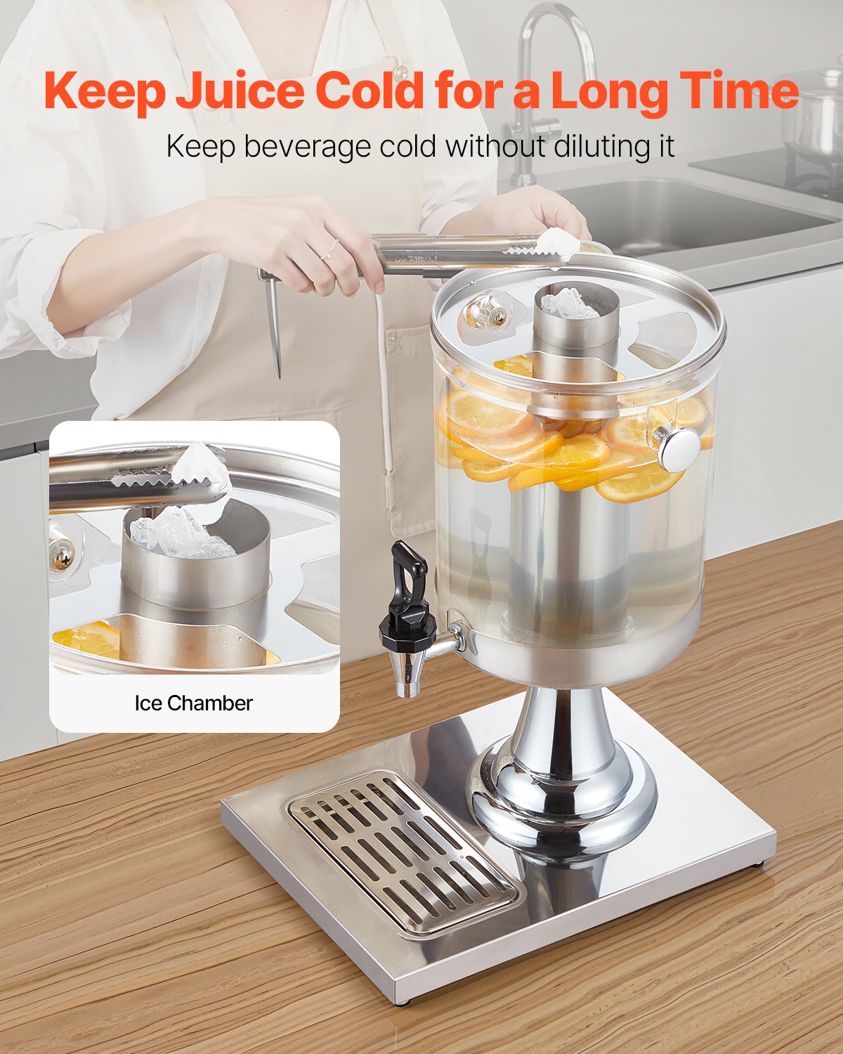 Beverage Dispenser, 2.1 Gallon Drink Dispenser for Parties, Stainless Steel + Plastic Juice Dispensers with Spigot Ice Chamber Tray, Iced Tea Lemonade Juice Dispensers, for Restaurants, Hotels