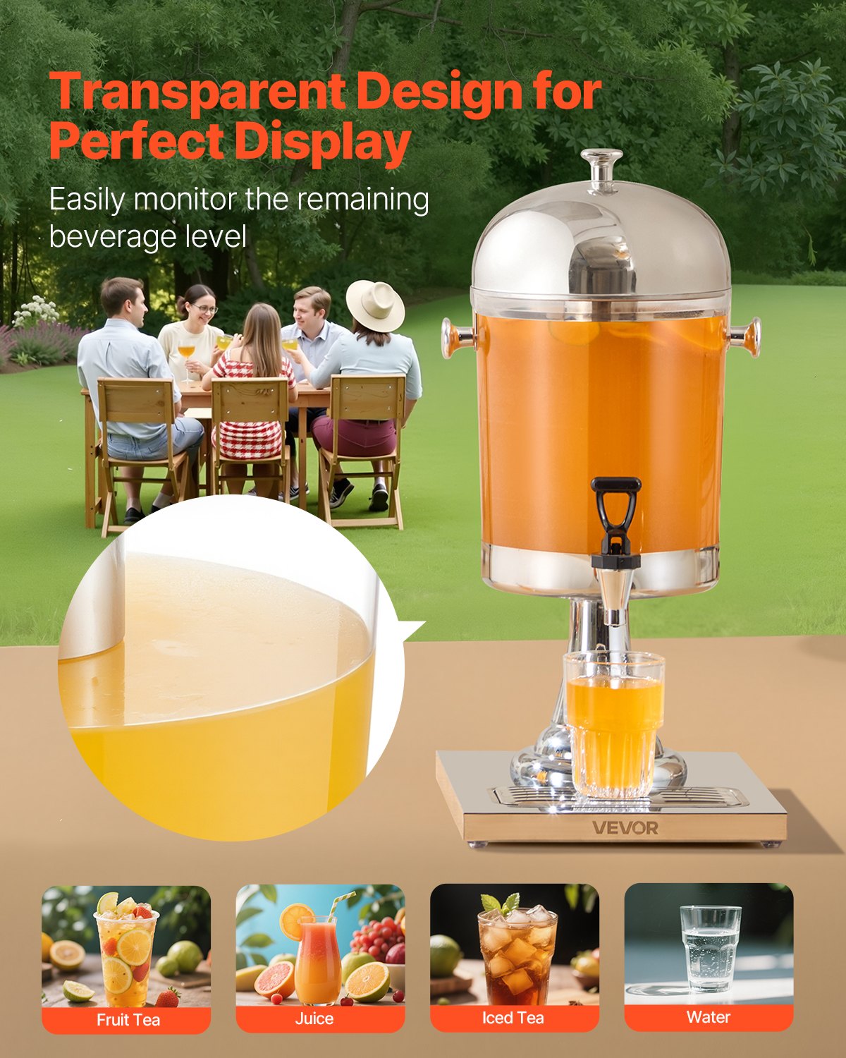 Beverage Dispenser, 2.1 Gallon Drink Dispenser for Parties, Stainless Steel + Plastic Juice Dispensers with Spigot Ice Chamber Tray, Iced Tea Lemonade Juice Dispensers, for Restaurants, Hotels