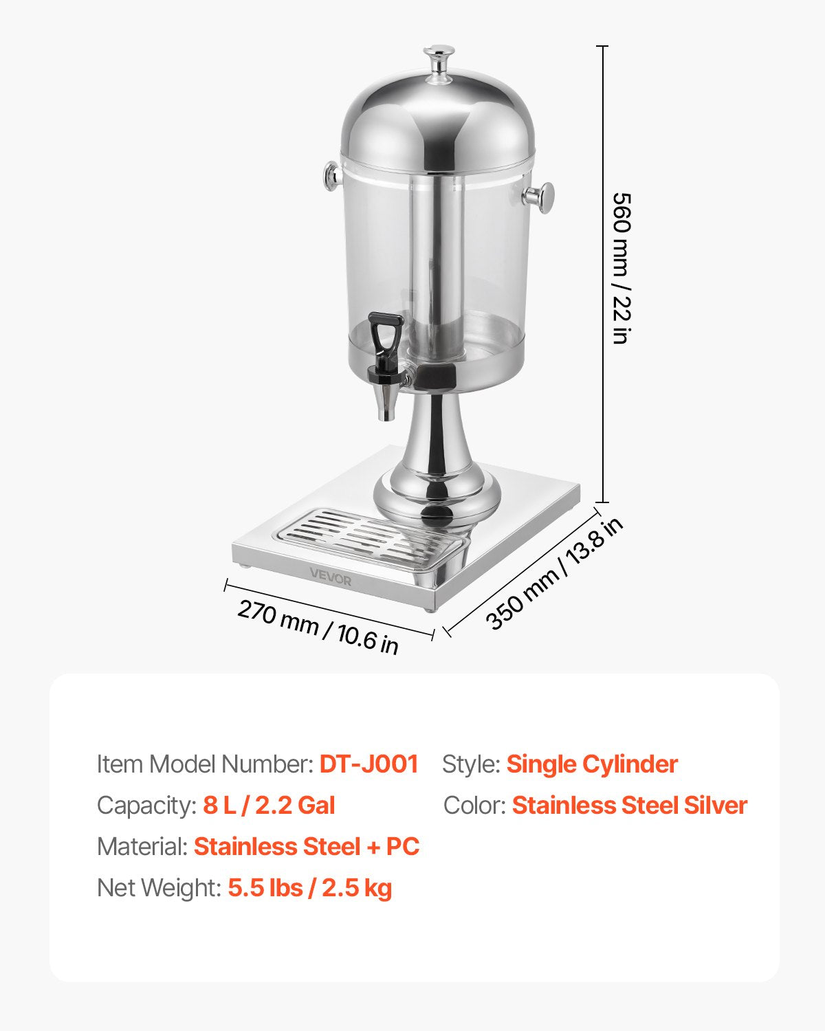 Beverage Dispenser, 2.1 Gallon Drink Dispenser for Parties, Stainless Steel + Plastic Juice Dispensers with Spigot Ice Chamber Tray, Iced Tea Lemonade Juice Dispensers, for Restaurants, Hotels