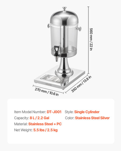 Beverage Dispenser, 2.1 Gallon Drink Dispenser for Parties, Stainless Steel + Plastic Juice Dispensers with Spigot Ice Chamber Tray, Iced Tea Lemonade Juice Dispensers, for Restaurants, Hotels