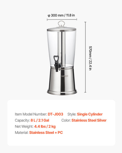 Beverage Dispenser, 2.1 Gallon Drink Dispenser for Parties, Stainless Steel + Plastic Juice Dispensers with Spigot Ice Chamber, Iced Tea Lemonade Juice Water Dispensers, for Restaurants, Hotels