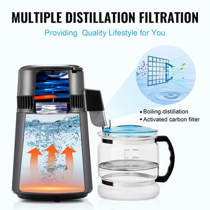 Water Distiller, 4L 1.05 Gallon Pure Water Purifier Filter For Home Countertop, 750W Distilled Water Maker, Stainless Steel Interior Distiller Water Making Machine to Make Clean Water, Gray