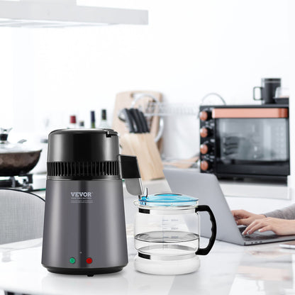 Water Distiller, 4L 1.05 Gallon Pure Water Purifier Filter For Home Countertop, 750W Distilled Water Maker, Stainless Steel Interior Distiller Water Making Machine to Make Clean Water, Gray