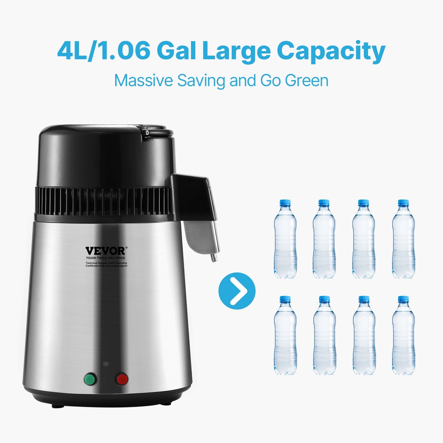 Water Distiller, 4L 1.05 Gallon Pure Water Purifier Filter For Home Countertop, 750W Distilled Water Maker, Stainless Steel Interior Distiller Water Making Machine to Make Clean Water, Silvery