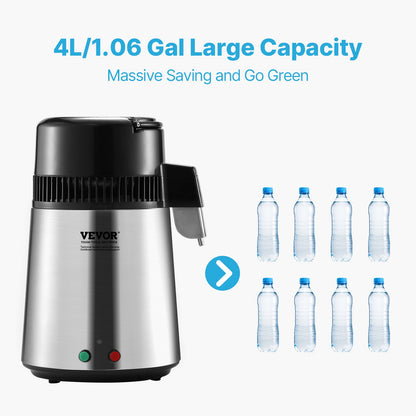 Water Distiller, 4L 1.05 Gallon Pure Water Purifier Filter For Home Countertop, 750W Distilled Water Maker, Stainless Steel Interior Distiller Water Making Machine to Make Clean Water, Silvery