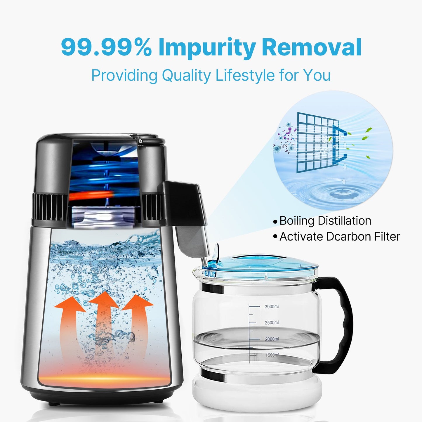 Water Distiller, 4L 1.05 Gallon Pure Water Purifier Filter For Home Countertop, 750W Distilled Water Maker, Stainless Steel Interior Distiller Water Making Machine to Make Clean Water, Silvery