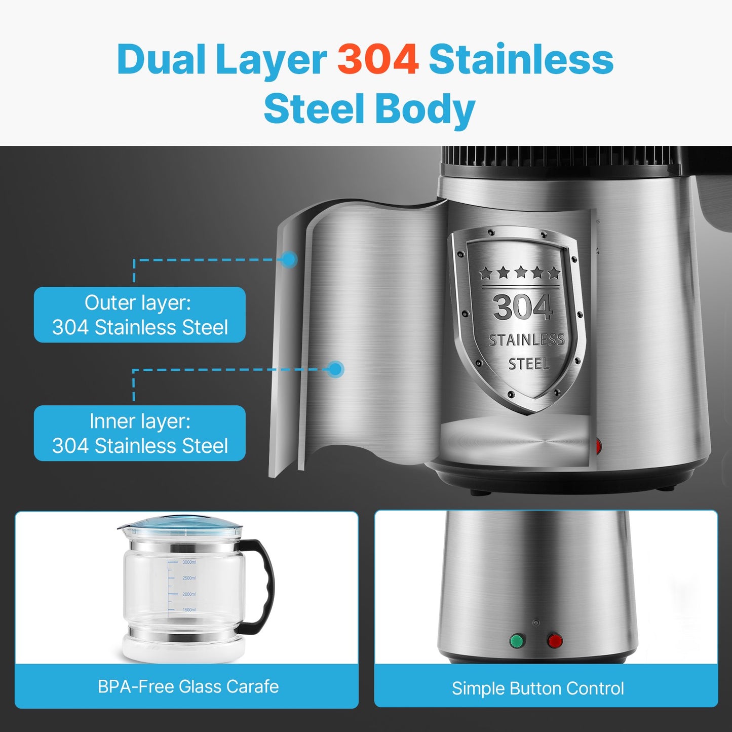 Water Distiller, 4L 1.05 Gallon Pure Water Purifier Filter For Home Countertop, 750W Distilled Water Maker, Stainless Steel Interior Distiller Water Making Machine to Make Clean Water, Silvery