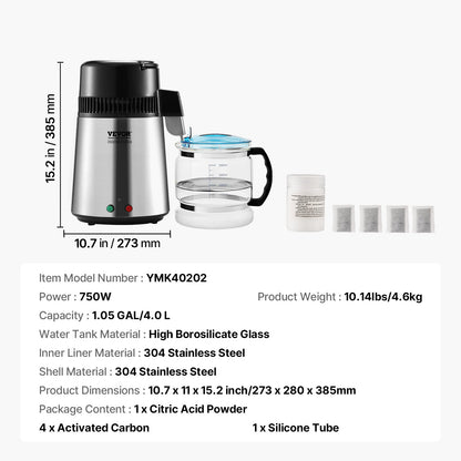 Water Distiller, 4L 1.05 Gallon Pure Water Purifier Filter For Home Countertop, 750W Distilled Water Maker, Stainless Steel Interior Distiller Water Making Machine to Make Clean Water, Silvery