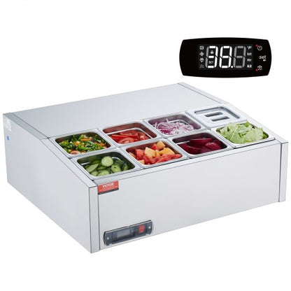 Refrigerated Condiment Prep Station, 140 W Countertop Refrigerated Condiment Station, with 8 1/6 Pans, 304 Stainless Body and PC Lid, Sandwich Prep Table with Stainless Steel Guard, ETL