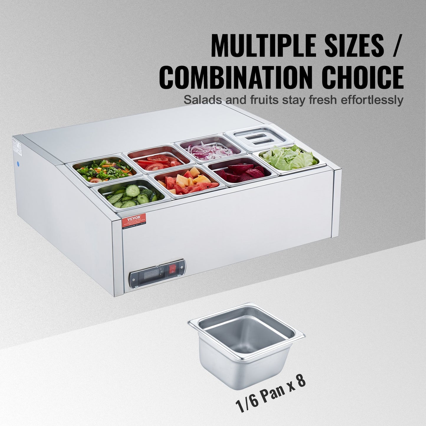 Refrigerated Condiment Prep Station, 140 W Countertop Refrigerated Condiment Station, with 8 1/6 Pans, 304 Stainless Body and PC Lid, Sandwich Prep Table with Stainless Steel Guard, ETL