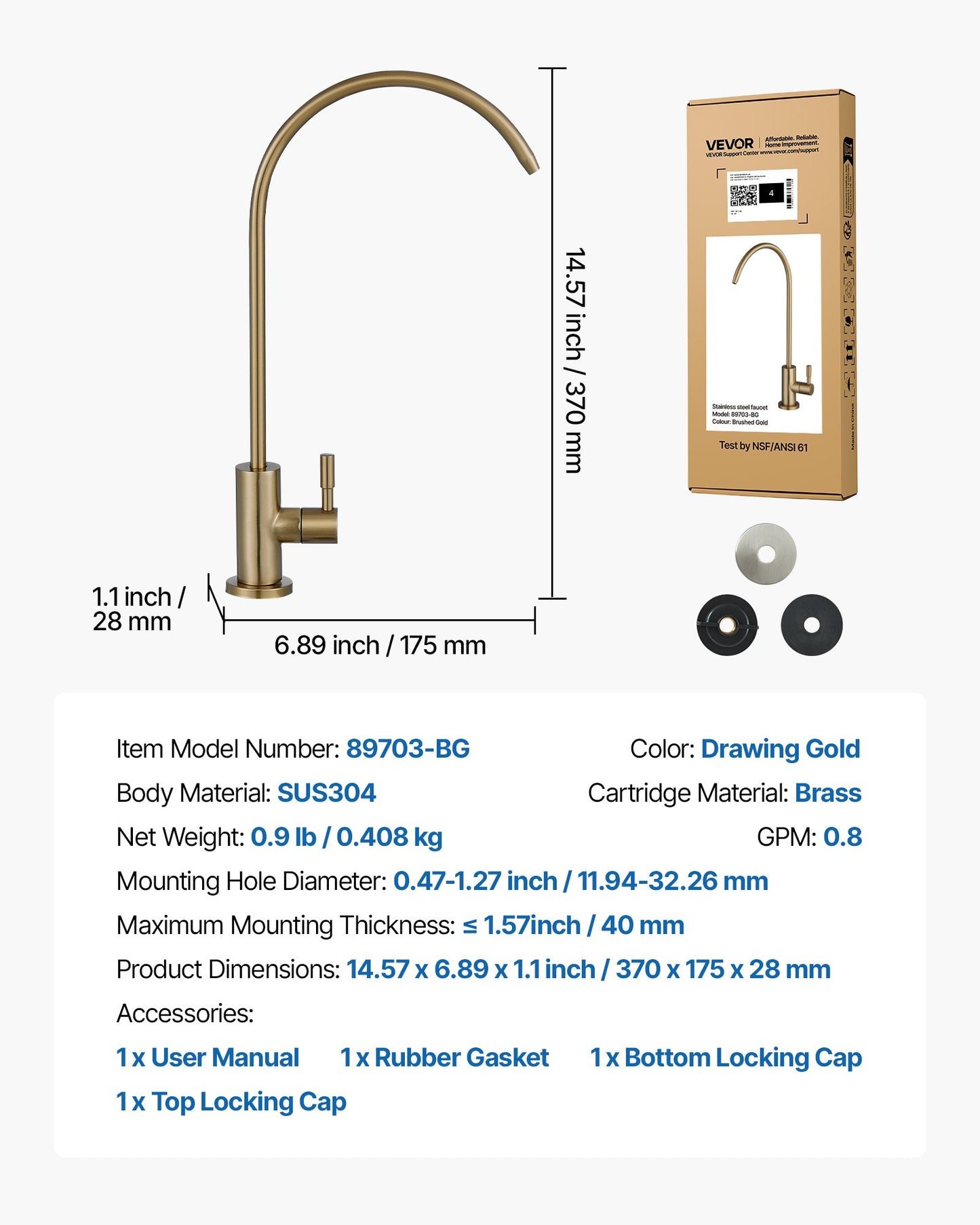 Stainless Steel Faucet, Lead-Free Water Purifier Faucet, Filter Water Faucets With Solid Brass Valve, Anti-Rust & Durability Ro Water Faucets For Kitchen, Bar Counter, Cafe Shop, Brushed Gold