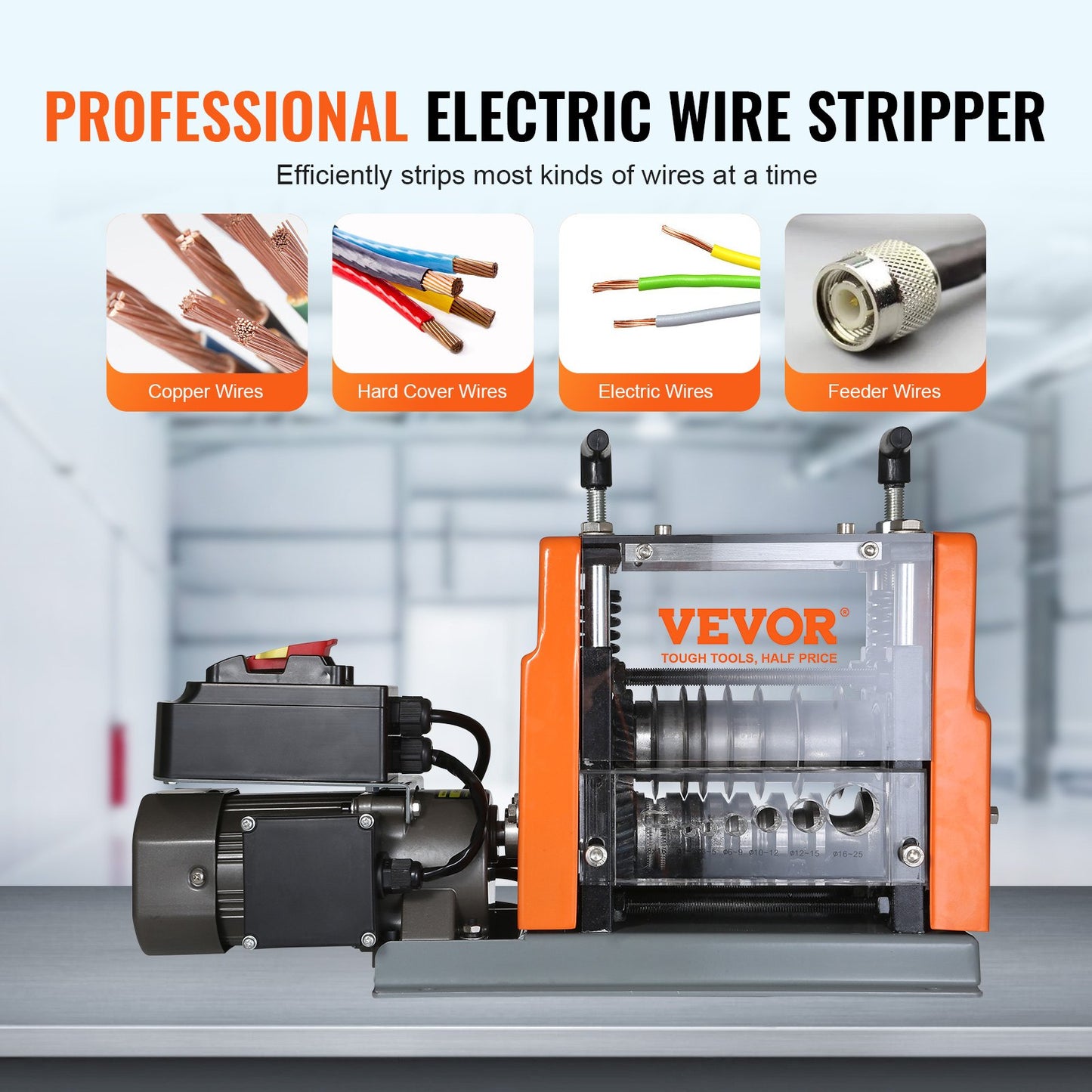 Automatic wire stripping machine, 0.06''-0.98'' Electric motorized cable stripper, 60 W, wire stripper with reference for visible stripping depth, 6 round and 1 flat channels for recycling copper scrap