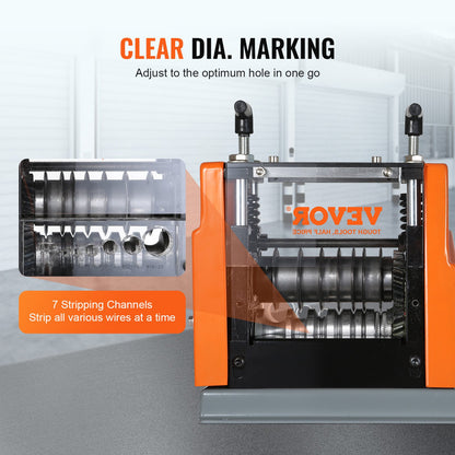 Automatic wire stripping machine, 0.06''-0.98'' Electric motorized cable stripper, 60 W, wire stripper with reference for visible stripping depth, 6 round and 1 flat channels for recycling copper scrap