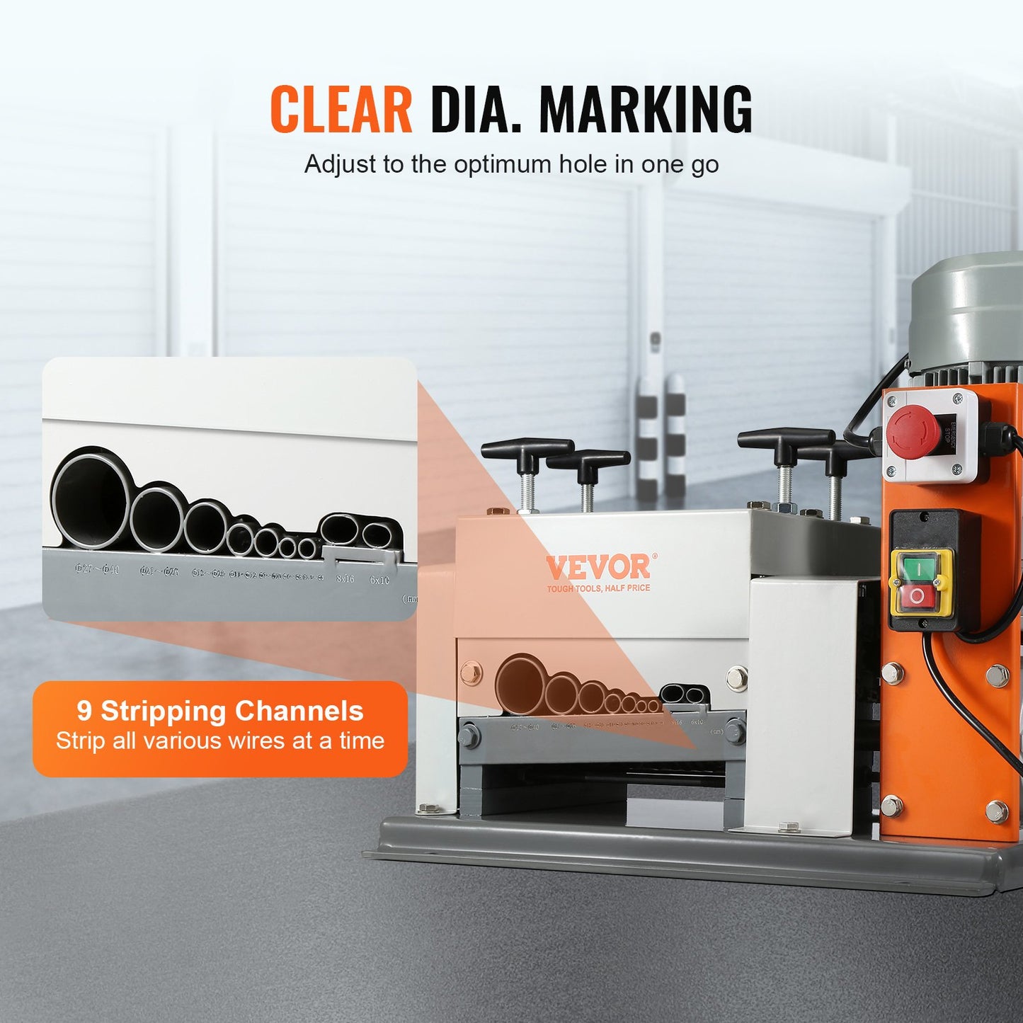 Automatisk trådavisoleringsmaskin, 0,06''-1,575'' elektrisk motoriserad kabelavskiljare, 1500 W, 88 fot/min. trådskalare med dubbla blad (klippa/skala), 9 kanaler för återvinning av kopparskrot
