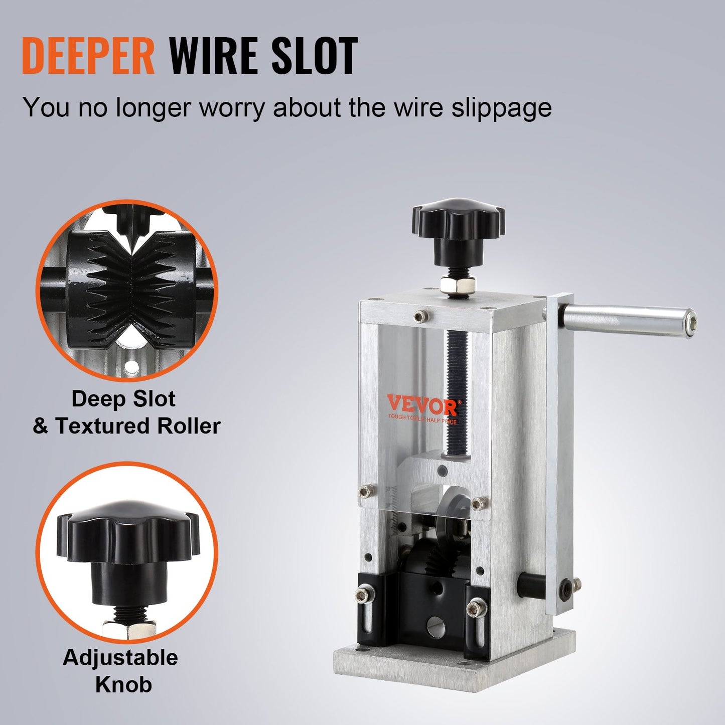 Manual wire stripping machine, 0.06''-1.18'' copper stripper with hand crank or drill drive, visible stripping depth reference, portable aluminum frame wire stripper for scrap copper recycling