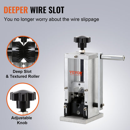 Manual wire stripping machine, 0.06''-1.18'' copper stripper with hand crank or drill drive, visible stripping depth reference, portable aluminum frame wire stripper for scrap copper recycling