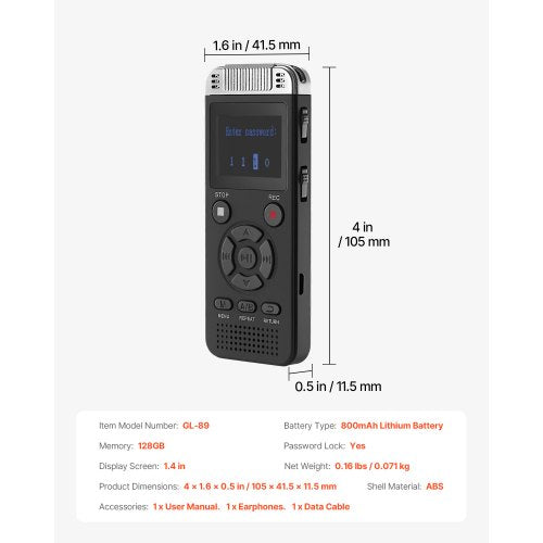 Digital Voice Recorder 128GB Röstaktiverad ljudinspelare med USB MP3 |  EU