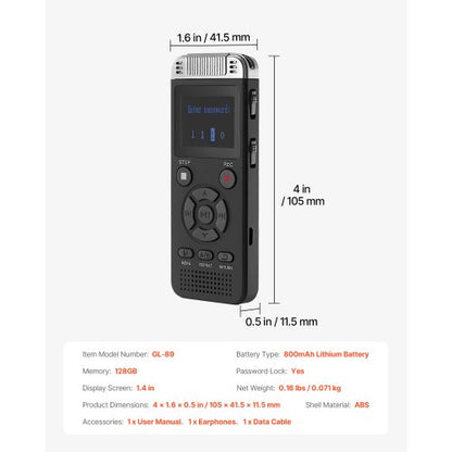 Digital Voice Recorder 128GB Röstaktiverad ljudinspelare med USB MP3 |  EU