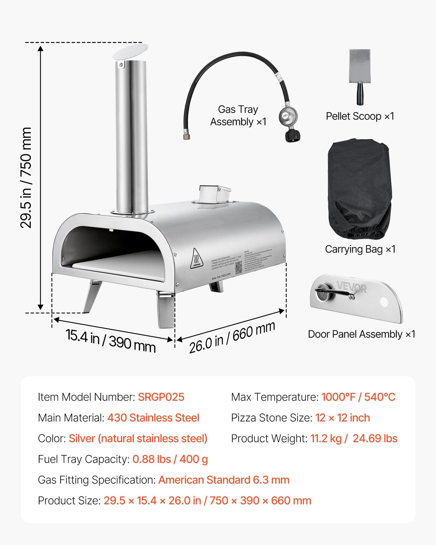 Dual Fuel Pizza Oven Outdoor, 12 Inch Wood Fire & Propane Gas Pizza Oven, Pellet & Propane Pizza-Maker with Thermometer, Stainless Steel Pizza-Cook for Outside Camping & Backyard