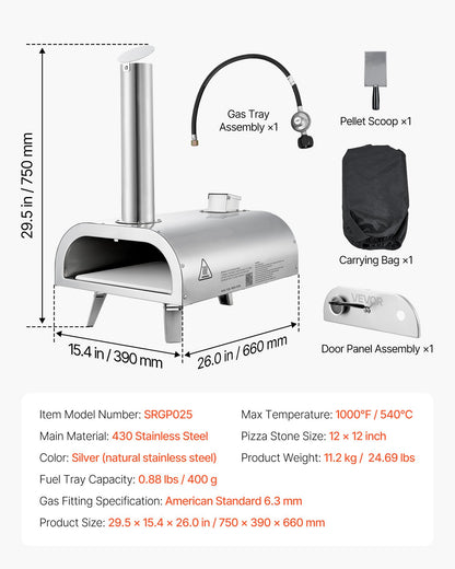 Dual Fuel Pizza Oven Outdoor, 12 Inch Wood Fire & Propane Gas Pizza Oven, Pellet & Propane Pizza-Maker with Thermometer, Stainless Steel Pizza-Cook for Outside Camping & Backyard