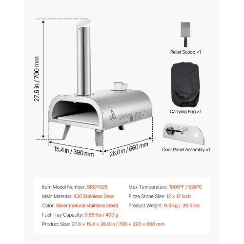 12" utomhuspizzaugn bärbar pizzaugn i träpellets, rostfritt stål, grill