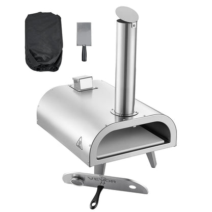 Pizza Oven Outdoor, 12" Pellet Pizza Oven, Portable Pizza-Stove with Built-in Thermometer, Wood Fired Stainless Steel Pizza-Maker, for Backyard, Camping, Pizza-Stone, Shovel, Carry Bag, Silver