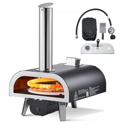 Dual Fuel Pizza Oven Outdoor, 12 in Wood Fire & Propane Gas Pizza Oven, Pellet & Propane Pizza-Maker with Thermometer, Iron Spray Electric Rotation Pizza-Cook for Outside Camping & Backyard