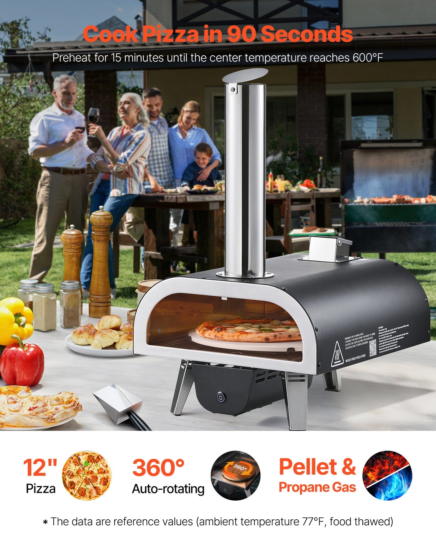 Dual Fuel Pizza Oven Outdoor, 12 in Wood Fire & Propane Gas Pizza Oven, Pellet & Propane Pizza-Maker with Thermometer, Iron Spray Electric Rotation Pizza-Cook for Outside Camping & Backyard